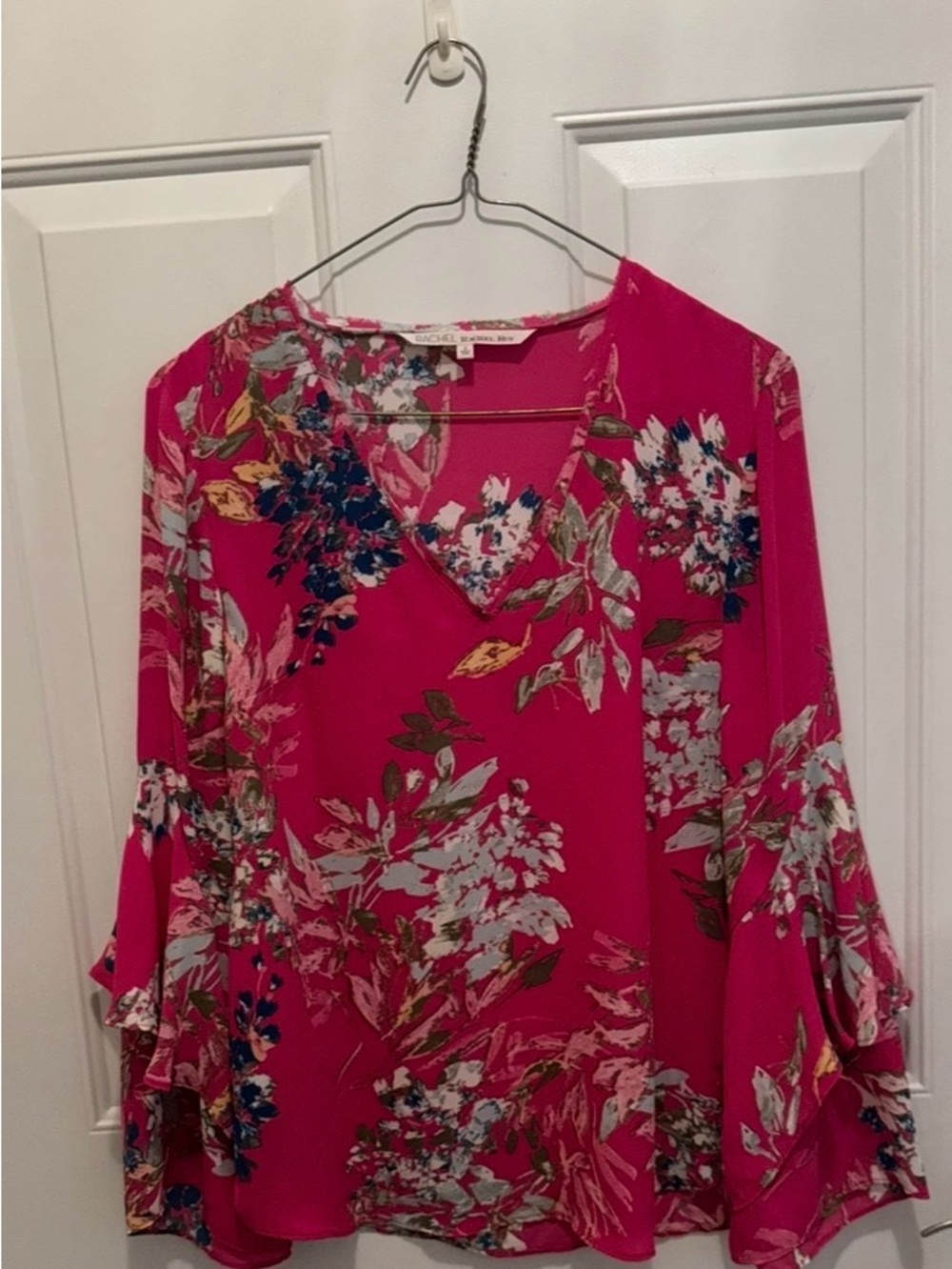 RACHEL Rachel Roy Hot Pink Floral V-Neck Bell Sleeve Blouse